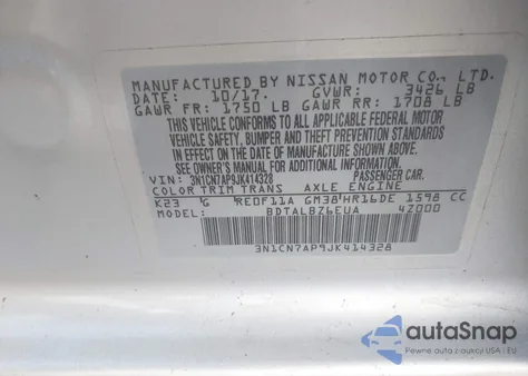 2018 Nissan Versa 1.6 Sv from USA, damaged, VIN 3N1CN7AP9JK414328